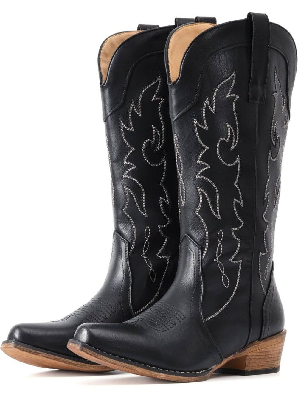 Women's Mid Calf Black Fashion Cowgirl Boots with Embroidery Western Snip Toe